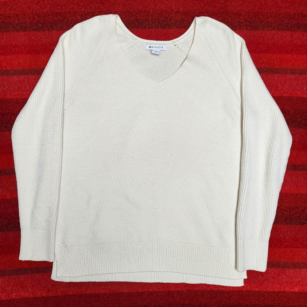Athleta Hanover Merino Wool Blend Ribbed V Neck Sweater White Tunic Womens M